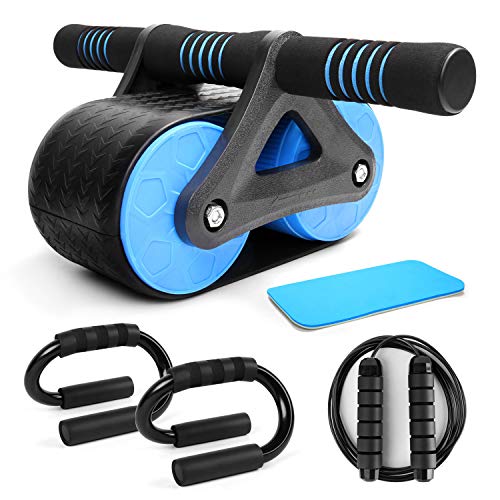 Odoland 4-En-1 AB Roller Wheel Kit, Ruedas Grandes con Alfombrilla para Rodilla, Push Up Bar en Forma de S, Cuerda Saltar Fitness, Equipo de Entrenamiento Ejercicios Abdominales