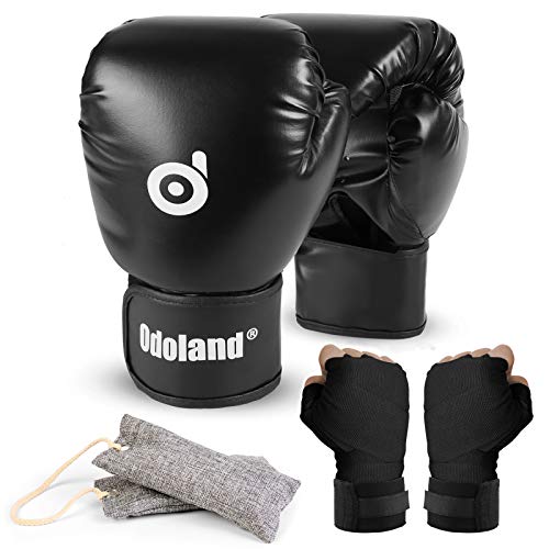 Odoland Guantes de Boxeo con Vendas de Boxeo e Desodorizantes de Guantes, Guantes de Entrenamiento Profesionales para Saco de Boxeo UFC MMA Muay Thai Kickboxing, para Hombre Mujer Niños