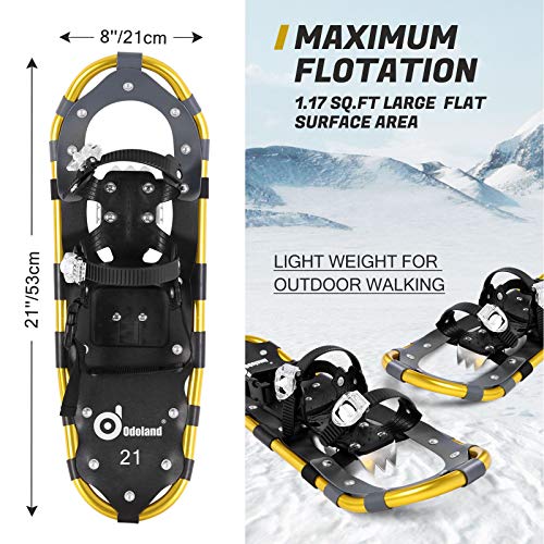 Odoland Raquetas de Nieve Juego 4-en-1 para Hombres y Mujeres, Raquetas Nieve Ajustables con Bastones de Trekking, Polainas de Pierna Impermeables y Bolsa de Transporte, Amarillo, L:76.2 cm 72-100kg