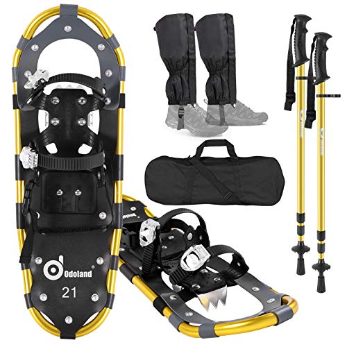 Odoland Raquetas de Nieve Juego 4-en-1 para Hombres y Mujeres, Raquetas Nieve Ajustables con Bastones de Trekking, Polainas de Pierna Impermeables y Bolsa de Transporte, Amarillo, L:76.2 cm 72-100kg