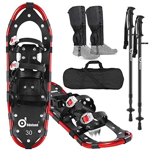 Odoland Raquetas de Nieve Juego 4-en-1 para Hombres y Mujeres, Raquetas Nieve Ajustables con Bastones de Trekking, Polainas de Pierna Impermeables y Bolsa de Transporte, Rojo, S:53cm 28-54kg