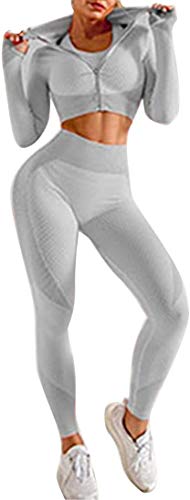 Odoukey 3pcs sin Fisuras Las Mujeres Traje Yoga Escudo de Manga Larga Chaleco Polainas de Fitness Gimnasio chándal de Deporte de la Ropa del Gris, S