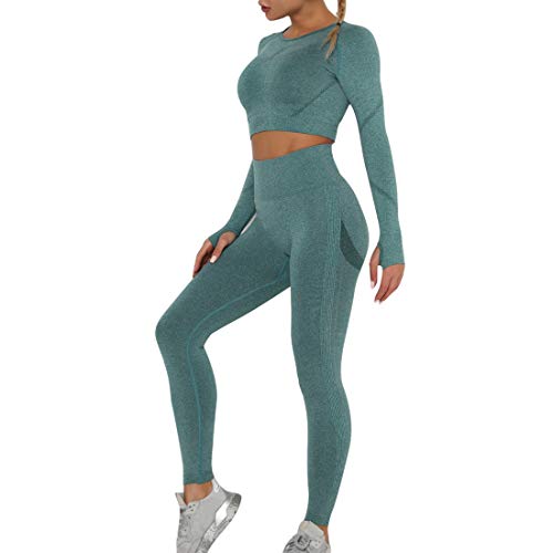 OEAK Conjunto de ropa deportiva para mujer, chándal, pantalones y top de deporte, 2 piezas, para yoga, tiempo libre, ropa deportiva Verde C M