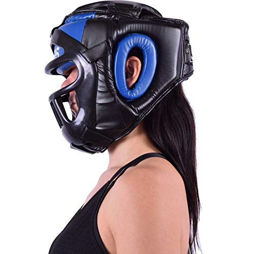 Ofbos® - Casco MMA con rejilla para boxeo, artes marciales Muay Thai Kick Boxing Head Guard Sparring (azul, L)