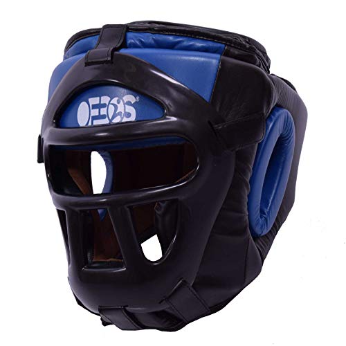 Ofbos® - Casco MMA con rejilla para boxeo, artes marciales Muay Thai Kick Boxing Head Guard Sparring (azul, L)