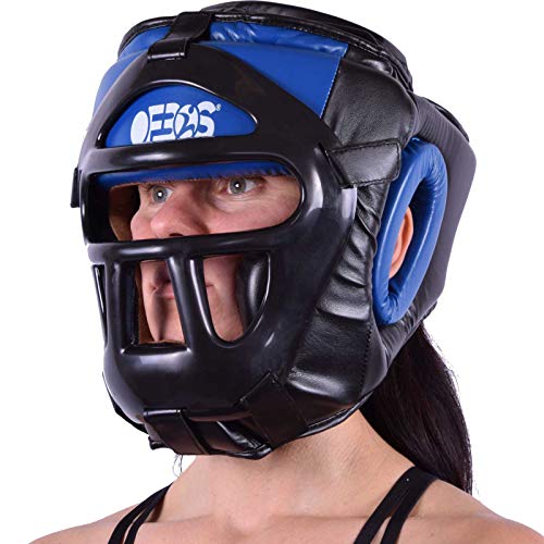 Ofbos® - Casco MMA con rejilla para boxeo, artes marciales Muay Thai Kick Boxing Head Guard Sparring (azul, L)