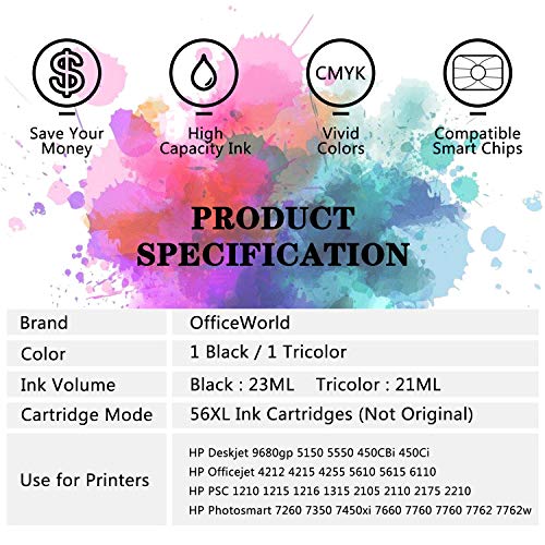 OfficeWorld 56 XL 57 XL Cartuchos de tinta Compatible HP 56 57 56XL 57XL con HP PSC 1210 1215 1315, Deskjet 5150 5550 450Ci, Photosmart 7350 7660 7760, Officejet 5610 4212 4215 (1 Negro,1 Tricolor) OfficeWorld 56 XL 57 XL Cartuchos de tinta Compatible HP 56 57 56XL 57XL con HP PSC 1210 1215 1315, Deskjet 5150 5550 450Ci, Photosmart 7350 7660 7760, Officejet 5610 4212 4215 (1 Negro,1 Tricolor)