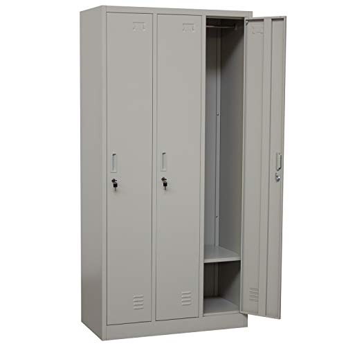 OFICINAS MONTIEL Taquilla Vestuario Metálica Gris con Estantería, Perchero, Cerradura y Llave de 185x90x45cm para Vestuario, Industria, Oficina, Gimnasio, Supermercado, Trabajo. (3 Puertas, Gris)