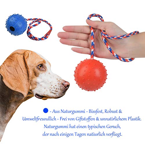 OFNMY Pelota de perro con cuerda, goma natural duradera para masticar perros juguete de lanzar juego de pelota para perros, perfecto juguete de entrenamiento de perro, rojo y azul