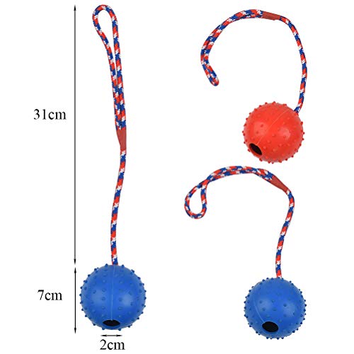 OFNMY Pelota de perro con cuerda, goma natural duradera para masticar perros juguete de lanzar juego de pelota para perros, perfecto juguete de entrenamiento de perro, rojo y azul