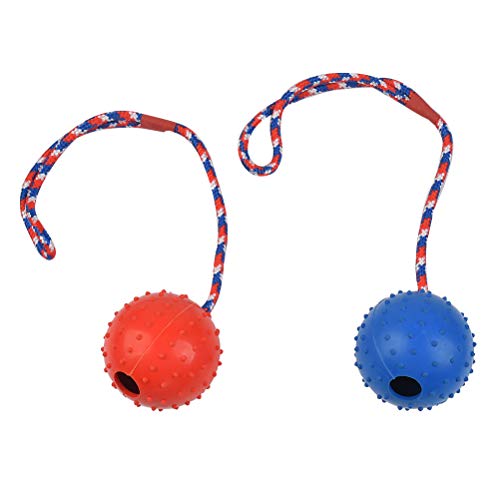 OFNMY Pelota de perro con cuerda, goma natural duradera para masticar perros juguete de lanzar juego de pelota para perros, perfecto juguete de entrenamiento de perro, rojo y azul