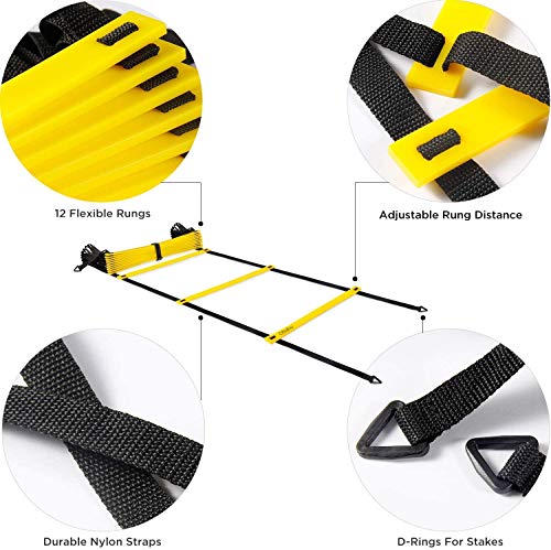 Ohuhu Juego de Entrenamiento Escalera de 12 peldaños con 12 Conos de Campo y 4 Clavos. Ideal para Juego de pies para Ejercicios de fútbol Ohuhu Juego de Entrenamiento Escalera de 12 peldaños con 12 Conos de Campo y 4 Clavos. Ideal para Juego de pies para Ejercicios de fútbol