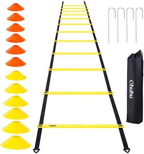Ohuhu Juego de Entrenamiento Escalera de 12 peldaños con 12 Conos de Campo y 4 Clavos. Ideal para Juego de pies para Ejercicios de fútbol Ohuhu Juego de Entrenamiento Escalera de 12 peldaños con 12 Conos de Campo y 4 Clavos. Ideal para Juego de pies para Ejercicios de fútbol