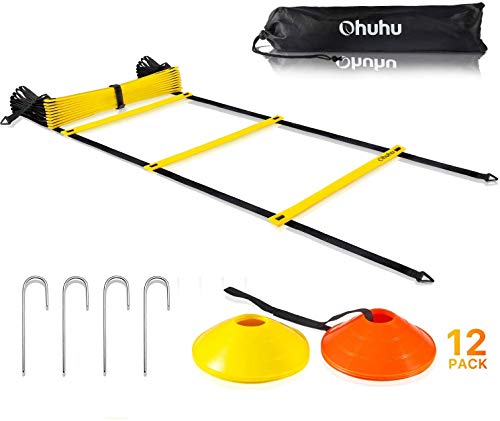 Ohuhu Juego de Entrenamiento Escalera de 12 peldaños con 12 Conos de Campo y 4 Clavos. Ideal para Juego de pies para Ejercicios de fútbol Ohuhu Juego de Entrenamiento Escalera de 12 peldaños con 12 Conos de Campo y 4 Clavos. Ideal para Juego de pies para Ejercicios de fútbol
