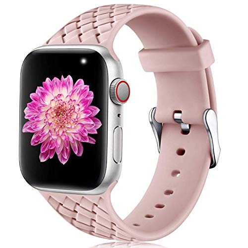 Oielai Compatible con Apple Watch Correa 38mm 40mm 42mm 44mm, Impermeable Suave Silicona Tejido Deportes Reemplazo Correas para Iwatch Serie 5 6 4 3 2 1 SE, Mujeres Hombres, Pequeña Rosa Arena