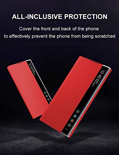 Oihxse Funda Compatible con Realme 5 Carcasa Clear View Ultra Slim Standing Flip Tipo Inteligente Estuche PU Piel 360° Protectora Resistente Anti-Choque Case Cover (Rojo)