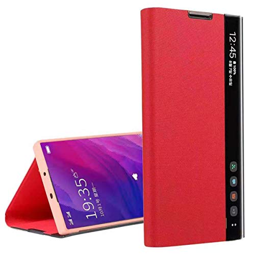 Oihxse Funda Compatible con Realme 5 Carcasa Clear View Ultra Slim Standing Flip Tipo Inteligente Estuche PU Piel 360° Protectora Resistente Anti-Choque Case Cover (Rojo)