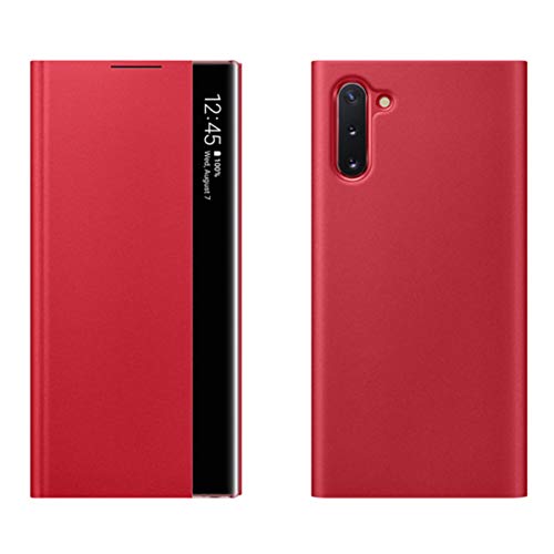 Oihxse Funda Compatible con Realme 5 Carcasa Clear View Ultra Slim Standing Flip Tipo Inteligente Estuche PU Piel 360° Protectora Resistente Anti-Choque Case Cover (Rojo)