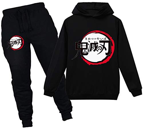 OLIPHEE Demon Slayer Kimetsu No Yaiba Chándales Estampados Disfraz Conjunto Deportivo Anime Sudadera Y Pantalones Largas para Niños 1Negro Logo-160-1