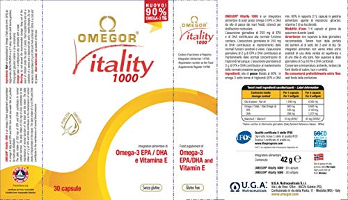 Omegor Vitality 1000-90% de Omega-3, EPA 535 mg y DHA 268 mg por Perla, Estructura 90% de Triglicéridos y Destilación Molecular, 10 x 30 Cápsulas