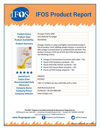 Omegor Vitality 1000 - 90% de Omega-3 TG, EPA 535 mg y DHA 268 mg por Perla, Estructura 90% de Triglicéridos y Destilación Molecular, 2 x 30 Cápsulas Omegor Vitality 1000 - 90% de Omega-3 TG, EPA 535 mg y DHA 268 mg por Perla, Estructura 90% de Triglicéridos y Destilación Molecular, 2 x 30 Cápsulas