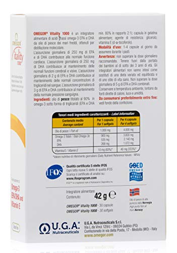 Omegor Vitality 1000 - 90% de Omega-3 TG, EPA 535 mg y DHA 268 mg por Perla, Estructura 90% de Triglicéridos y Destilación Molecular, 2 x 30 Cápsulas