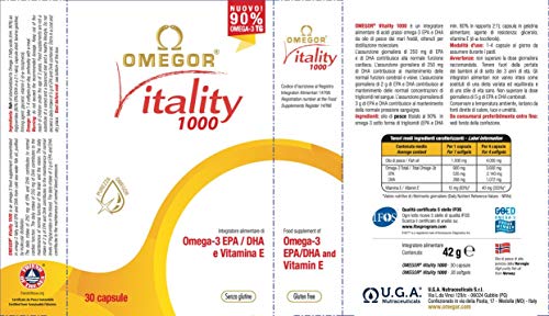 Omegor Vitality 1000 - 90% de Omega-3 TG, EPA 535 mg y DHA 268 mg por Perla, Estructura 90% de Triglicéridos y Destilación Molecular, 2 x 30 Cápsulas Omegor Vitality 1000 - 90% de Omega-3 TG, EPA 535 mg y DHA 268 mg por Perla, Estructura 90% de Triglicéridos y Destilación Molecular, 2 x 30 Cápsulas