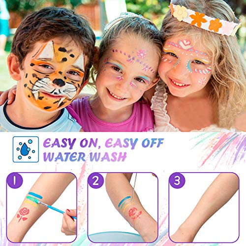 Omew Pintura Cara Niños Pinturas al Agua ,Pintura Facial para Disfraces, Maquillaje Color Kit de Pintura Facial Corporal, Niños y Adultos, Face Paint Paleta de 15 Colores, 2 Pinceles