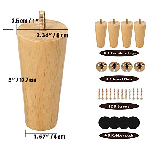 One Sight 4x Patas De Muebles De Madera Maciza 12.7cm, cónicas patas de repuesto de madera maciza con placa de montaje y tornillos, con Rosca M8, para sofá, TV, armario, cama, mesa de comedor