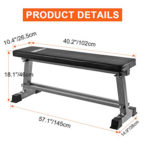 OneTwoFit Banco de Musculación Plano Banco para Levantamiento de Pesas Entrenamiento y para Ejercitar el Abdomen con Bastidor para Mancuernas Capacidad de 660lbs OT070