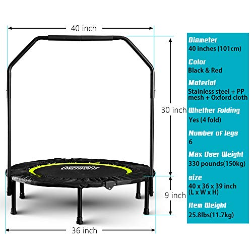 ONETWOFIT Trampolín, Trampolín Plegable Pequeño Fitness de 40 Pulgadas con Mango para Uso en Exteriores e Interiores, Adecuado para niños Mayores de 8 años y Adultos, Capacidad de Peso: 150 kg OT087