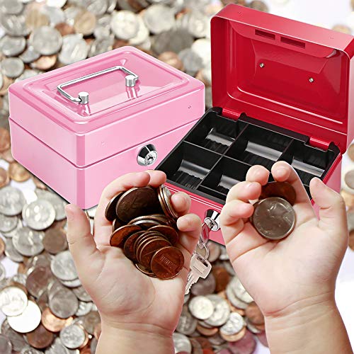 ONEVER Pequeño Banco de Dinero de Metal con Cerradura, Moneda Cash Caja Segura Hucha con 6 Compartimientos Bandeja de Dinero, Regalo Perfecto para Niños (Pink)