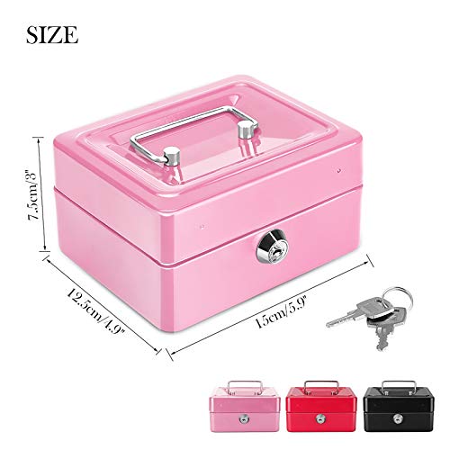 ONEVER Pequeño Banco de Dinero de Metal con Cerradura, Moneda Cash Caja Segura Hucha con 6 Compartimientos Bandeja de Dinero, Regalo Perfecto para Niños (Pink)