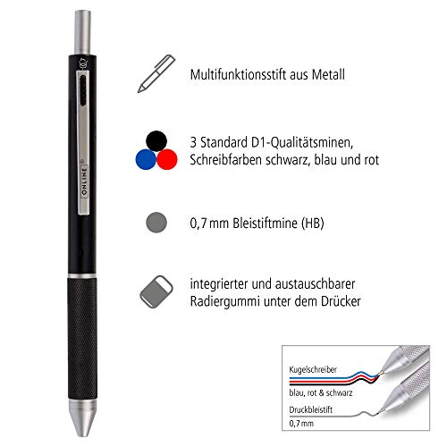 ONLINE - Bolígrafo 4 en 1 negro | bolígrafo y lápiz | bolígrafo metálico multifuncional | 3 minas para bolígrafo en azul, negro y rojo y una mina de lápiz | Incluye goma de borrar ONLINE - Bolígrafo 4 en 1 negro | bolígrafo y lápiz | bolígrafo metálico multifuncional | 3 minas para bolígrafo en azul, negro y rojo y una mina de lápiz | Incluye goma de borrar