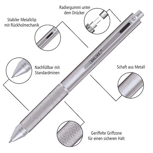 ONLINE - Bolígrafo 4 en 1 negro | bolígrafo y lápiz | bolígrafo metálico multifuncional | 3 minas para bolígrafo en azul, negro y rojo y una mina de lápiz | Incluye goma de borrar ONLINE - Bolígrafo 4 en 1 negro | bolígrafo y lápiz | bolígrafo metálico multifuncional | 3 minas para bolígrafo en azul, negro y rojo y una mina de lápiz | Incluye goma de borrar