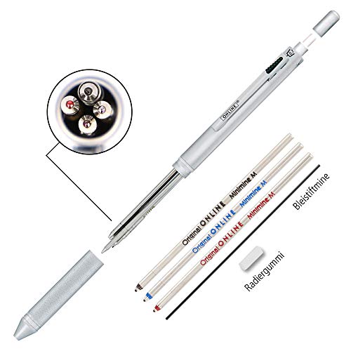 ONLINE - Bolígrafo 4 en 1 negro | bolígrafo y lápiz | bolígrafo metálico multifuncional | 3 minas para bolígrafo en azul, negro y rojo y una mina de lápiz | Incluye goma de borrar ONLINE - Bolígrafo 4 en 1 negro | bolígrafo y lápiz | bolígrafo metálico multifuncional | 3 minas para bolígrafo en azul, negro y rojo y una mina de lápiz | Incluye goma de borrar