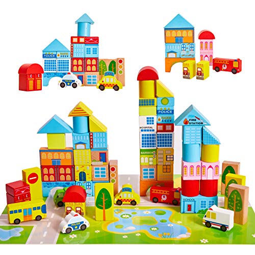 Onshine Bloques Madera Construccion Niños Puzzle Montessori Juguetes Infantiles Coche Hospital Banco Juego Educativo Regalo para Niños Niña Infantiles