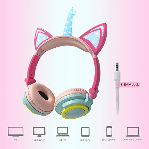 ONTA Auriculares para Niños con Orejas de Gato Iluminados con LED Plegables sobre Oído, Auriculares Resplandor Unicornio para Niños para la Escuela, la Casa, Cable Sin Enredos (Polvo Azul)