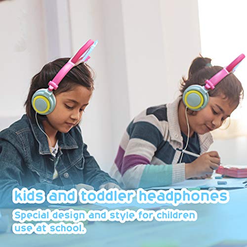 ONTA Auriculares para Niños con Orejas de Gato Iluminados con LED Plegables sobre Oído, Auriculares Resplandor Unicornio para Niños para la Escuela, la Casa, Cable Sin Enredos (Polvo Azul)