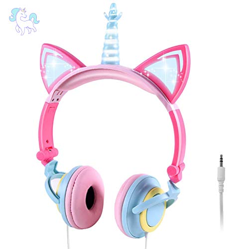 ONTA Auriculares para Niños con Orejas de Gato Iluminados con LED Plegables sobre Oído, Auriculares Resplandor Unicornio para Niños para la Escuela, la Casa, Cable Sin Enredos (Polvo Azul)