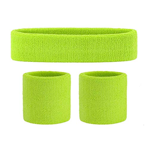 ONUPGO Juego de muñequeras para niños – Banda deportiva de algodón para deporte (1 diadema + 2 muñequeras) (verde neón