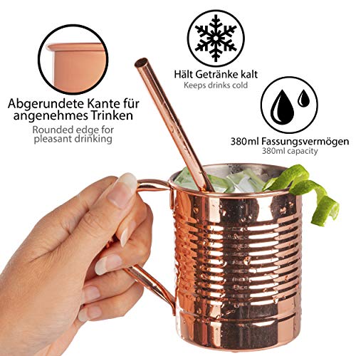 ONVAYA® Moscow Mule - Juego de 2 vasos (4 vasos, medida de barra y pajita | Vaso de cobre para cócteles | 4 tazas de cobre con 480 ml de capacidad | Juego completo de Gin Mule