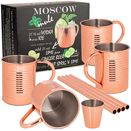 ONVAYA® Moscow Mule - Juego de 2 vasos (4 vasos, medida de barra y pajita | Vaso de cobre para cócteles | 4 tazas de cobre con 480 ml de capacidad | Juego completo de Gin Mule