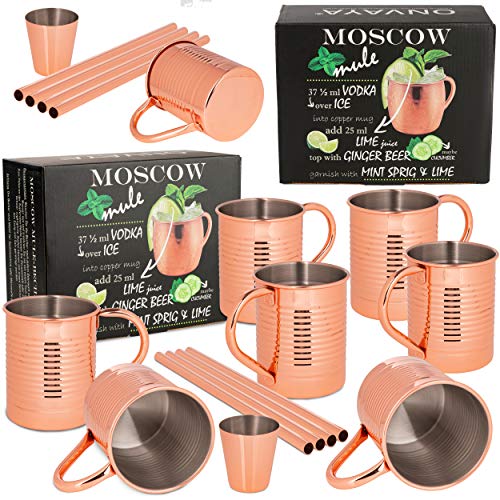 ONVAYA® Moscow Mule - Juego de 2 vasos (4 vasos, medida de barra y pajita | Vaso de cobre para cócteles | 4 tazas de cobre con 480 ml de capacidad | Juego completo de Gin Mule