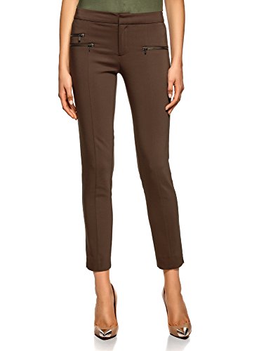 oodji Ultra Mujer Pantalones Ajustados con Cremalleras Decorativas, Marrón, ES 36 / XS