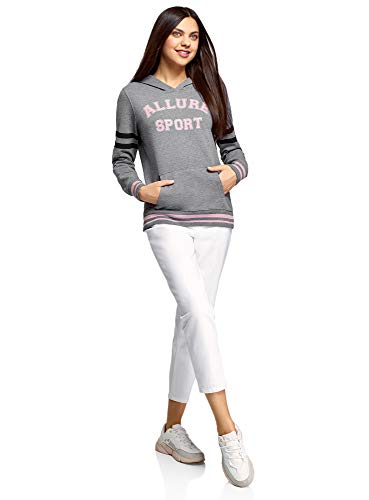 oodji Ultra Mujer Sudadera con Capucha, Bolsillo Canguro e Inscripción en el Pecho, Gris, 44 oodji Ultra Mujer Sudadera con Capucha, Bolsillo Canguro e Inscripción en el Pecho, Gris, 44