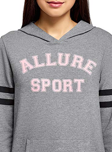 oodji Ultra Mujer Sudadera con Capucha, Bolsillo Canguro e Inscripción en el Pecho, Gris, 44 oodji Ultra Mujer Sudadera con Capucha, Bolsillo Canguro e Inscripción en el Pecho, Gris, 44