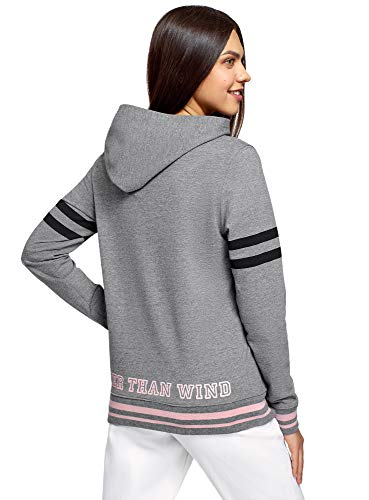 oodji Ultra Mujer Sudadera con Capucha, Bolsillo Canguro e Inscripción en el Pecho, Gris, 44