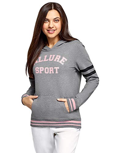 oodji Ultra Mujer Sudadera con Capucha, Bolsillo Canguro e Inscripción en el Pecho, Gris, 44 oodji Ultra Mujer Sudadera con Capucha, Bolsillo Canguro e Inscripción en el Pecho, Gris, 44