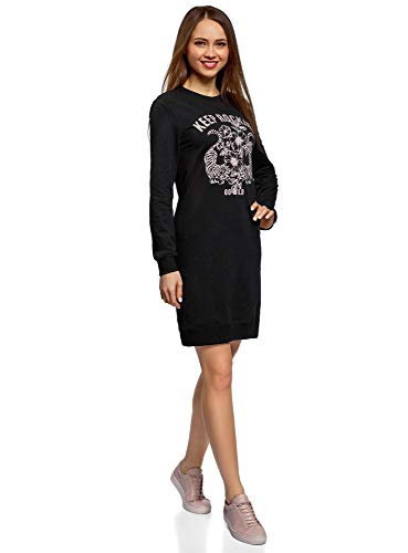 oodji Ultra Mujer Vestido de Estilo Deportivo con Estampado y Pedrería, Negro, ES 36 / XS